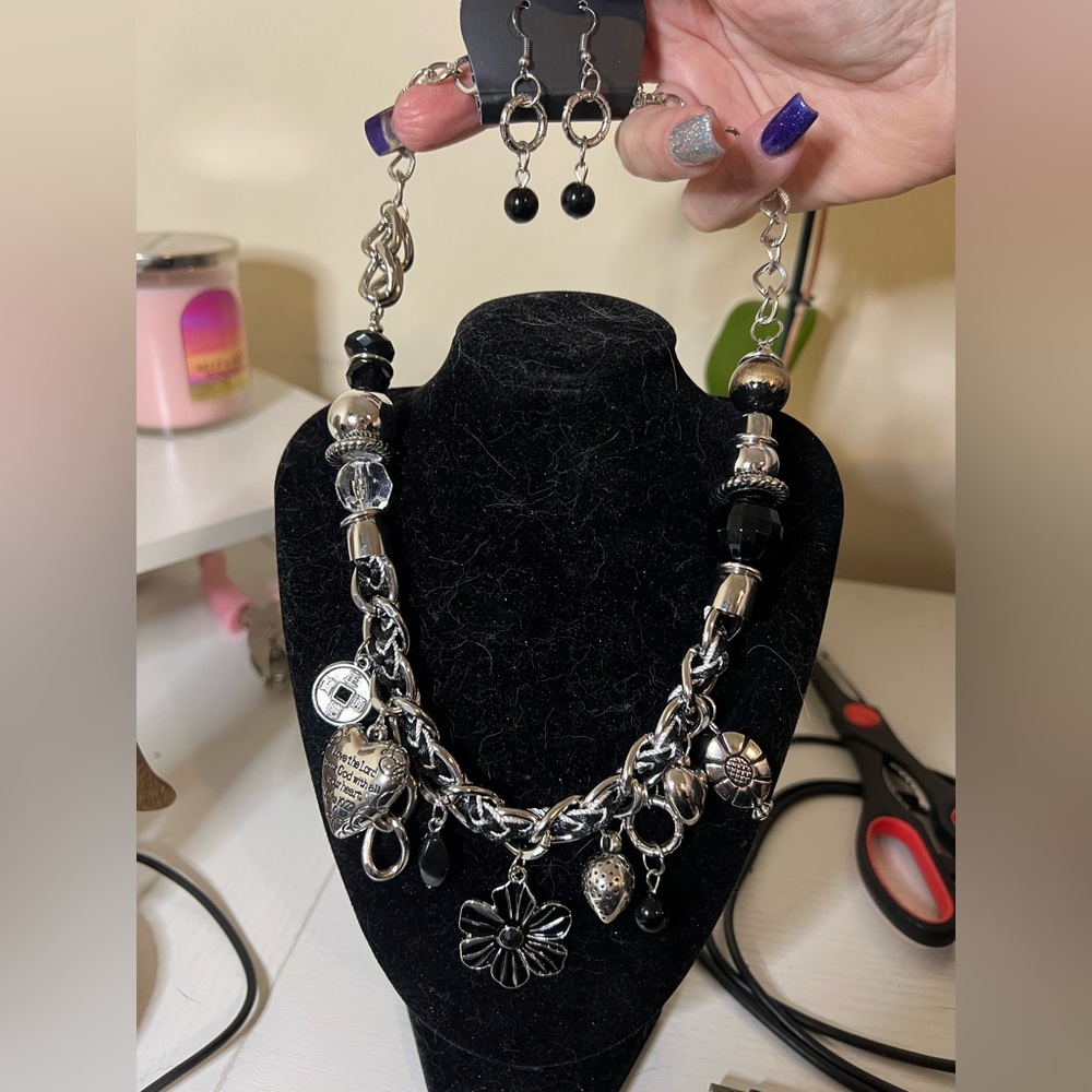 paparazzi Silver and Black Multi-Charm Necklace with Matching Earrings